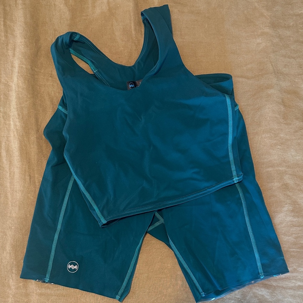 Janji Teal Long Bra and 5 inch Pace Short Set